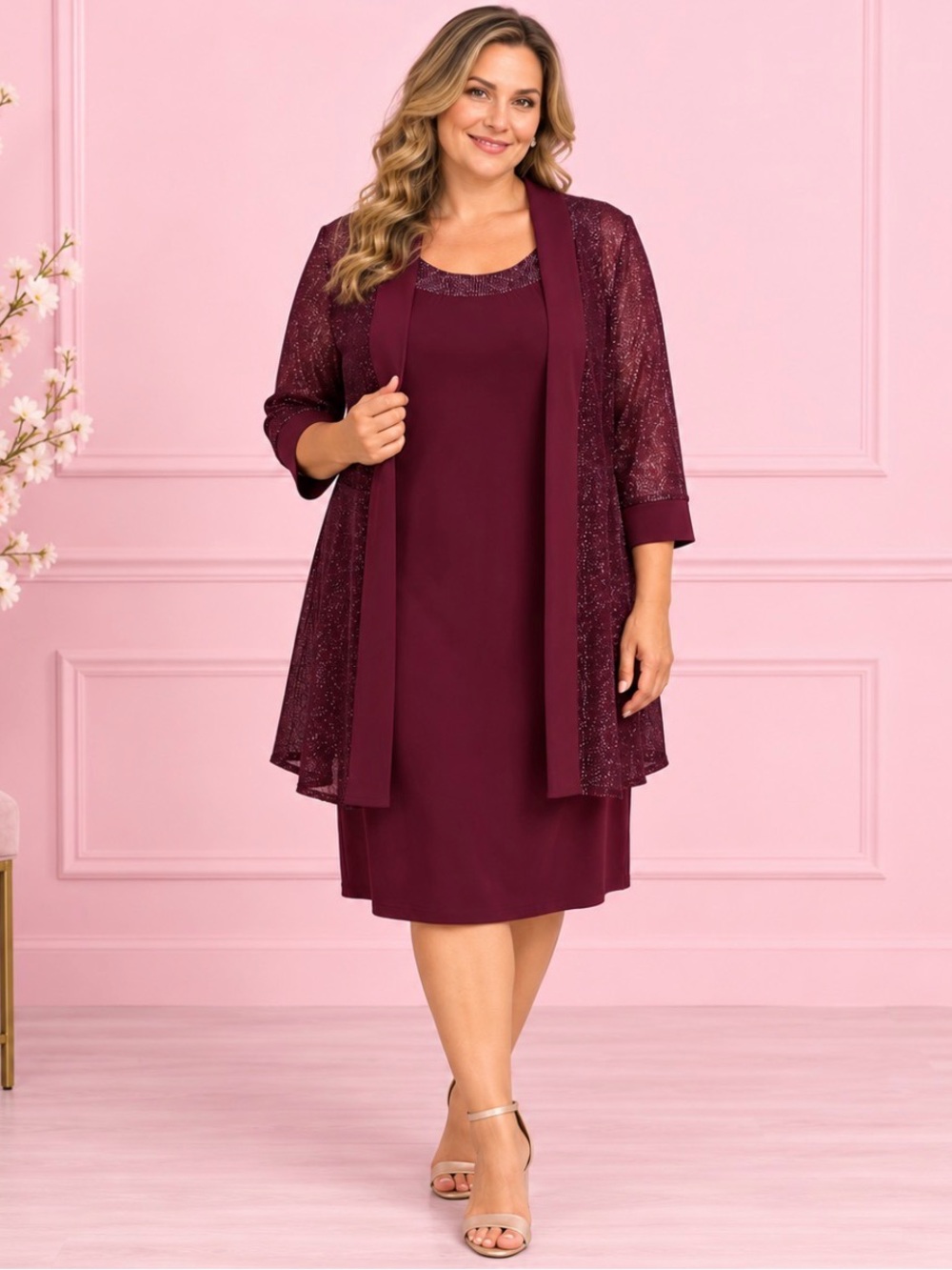 ✨ NEW WITH TAGS – Size 14 R&M Richard’s Burgundy 2-Piece Dress & Jacket Set ✨